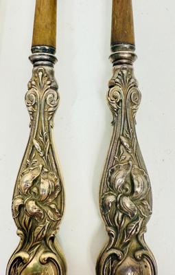 Sale Photo Thumbnail #147: Intricate Design is marked Sterling and L378 in the pattern. In very good condition considering age. There is a faint monogram. Wood is very light and the total weight is 140.0g