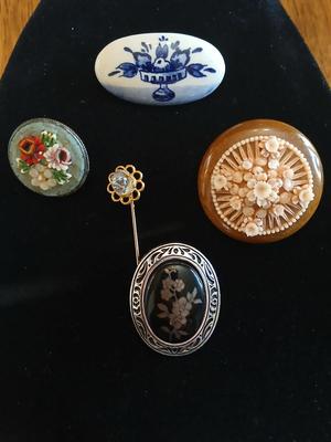 Vintage Brooch pins - Germany micro floral mosaic - Dutch Delft - W. Germany Scarf Clip - redwood burl brooch - Floral hatpin