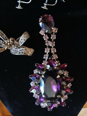 Vintage Amythyst rhinestone brooch -Filigree Sterling Silver Dainty Bow Brooch and a pair of vintage rose earrings