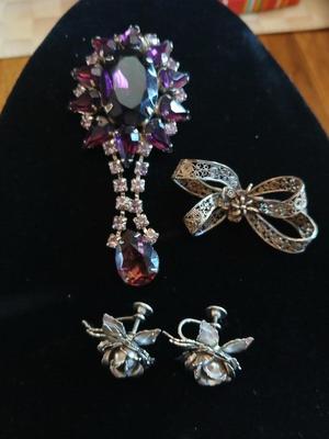 Vintage Amythyst rhinestone brooch -Filigree Sterling Silver Dainty Bow Brooch and a pair of vintage rose earrings