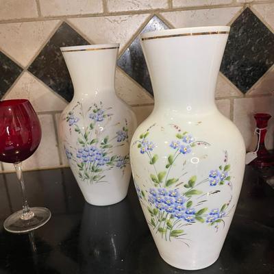 Hand Painted Bristol Glass Vases and Cranberry Wine Glasses