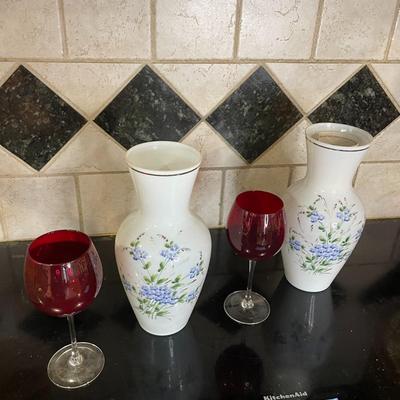 Hand Painted Bristol Glass Vases and Cranberry Wine Glasses