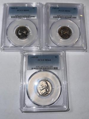 (3) PCGS CERTIFIED 1969-D MS64 CHOICE CONDITION JEFFERSON NICKEL LOT AS PICTURED.