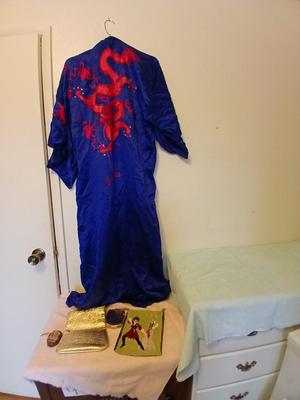 Vintage Japanese Kimono Blue Silk Embroidered Red Dragons with gold coin purse and embroidered art cloth