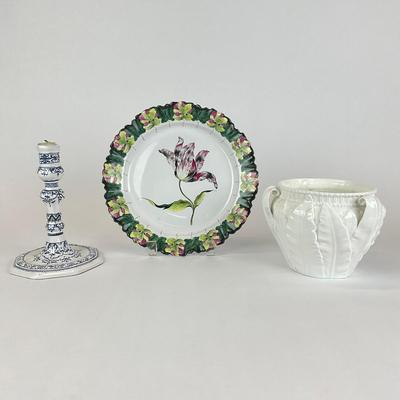 Sale Photo Thumbnail #994: Vase has been repaired, Candle stick was cracked and repaired
Plate: 9.5" diameter
Candlestick: 7" high
Vase: 4.75" high