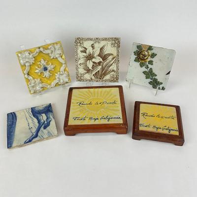Sale Photo Thumbnail #1003: Two tiles are hot plate coasters, one has large chip
Biggest: 6" square
Smallest: 4" square
