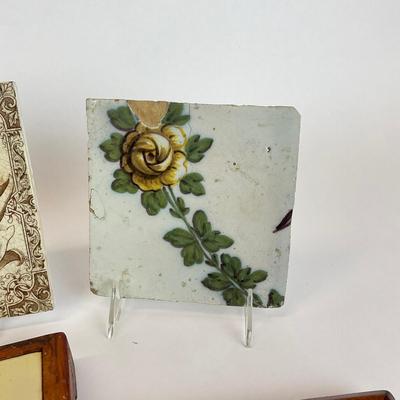 Sale Photo Thumbnail #1006: Two tiles are hot plate coasters, one has large chip
Biggest: 6" square
Smallest: 4" square