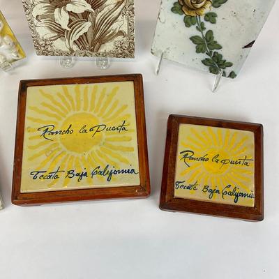 Sale Photo Thumbnail #1004: Two tiles are hot plate coasters, one has large chip
Biggest: 6" square
Smallest: 4" square