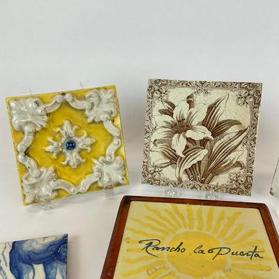 Sale Photo Thumbnail #1007: Two tiles are hot plate coasters, one has large chip
Biggest: 6" square
Smallest: 4" square