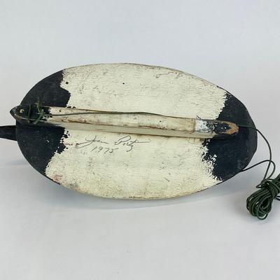 Sale Photo Thumbnail #1015: Working decoy duck circa 1975
Has lead weight around neck
Signed By James Portz
Measures: 17" long x 8" high x 8" wide