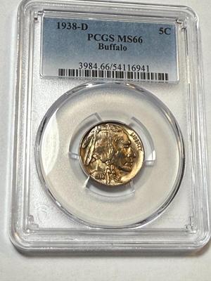 PCGS CERTIFIED 1938-D MS66 GOLDEN TONED BUFFALO NICKEL AS PICTURED.