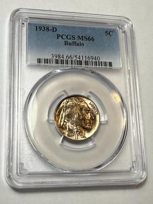 PCGS CERTIFIED 1938-D MS66 GOLDEN TONED BUFFALO NICKEL AS PICTURED.