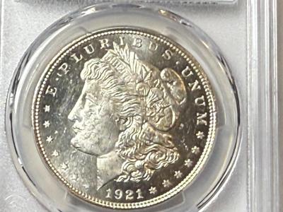 PCGS CERTIFIED 1921-P MS63 MORGAN SILVER DOLLAR W/PROOF LIKE SURFACES AS PICTURED.