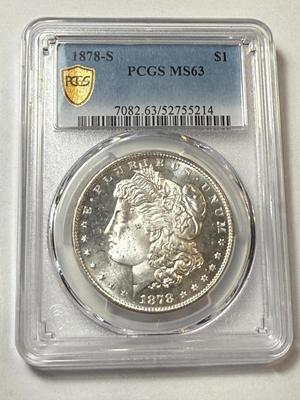 PCGS CERTIFIED 1878-S MS63 BRIGHT WHITE MORGAN SILVER DOLLAR AS PICTURED.