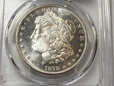 PCGS CERTIFIED 1878-S MS63 BRIGHT WHITE MORGAN SILVER DOLLAR AS PICTURED.