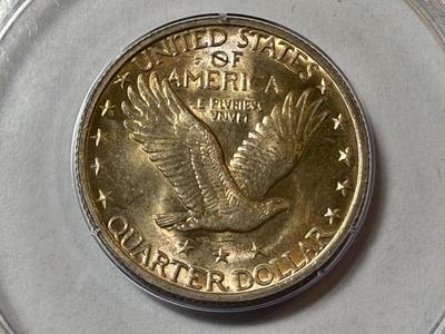 PCGS CERTIFIED RATTLER 1923-P MS63 GOLDEN TONED STANDING LIBERTY QUARTER AS PICTURED.