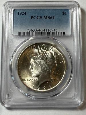 PCGS CERTIFIED 1924-P MS64 PEACE SILVER DOLLAR AS PICTURED.