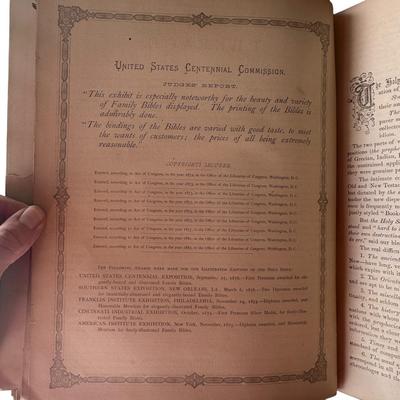 Sale Photo Thumbnail #257: Late 19th Century Family Bible 1882- not in good overall shape as you can see but very unique and historical. Very heavy, family record pages filled out. Pages inside are in good condition. Musty scent.