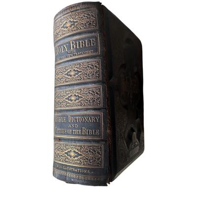Sale Photo Thumbnail #265: Late 19th Century Family Bible 1882- not in good overall shape as you can see but very unique and historical. Very heavy, family record pages filled out. Pages inside are in good condition. Musty scent.