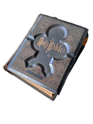 Sale Photo Thumbnail #253: Late 19th Century Family Bible 1882- not in good overall shape as you can see but very unique and historical. Very heavy, family record pages filled out. Pages inside are in good condition. Musty scent.
