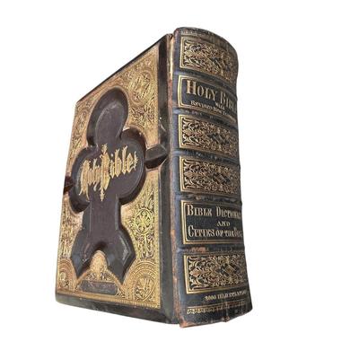 Sale Photo Thumbnail #264: Late 19th Century Family Bible 1882- not in good overall shape as you can see but very unique and historical. Very heavy, family record pages filled out. Pages inside are in good condition. Musty scent.