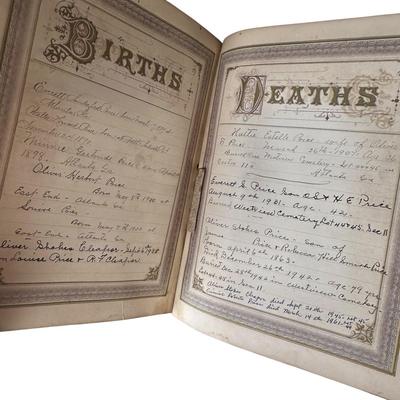Sale Photo Thumbnail #260: Late 19th Century Family Bible 1882- not in good overall shape as you can see but very unique and historical. Very heavy, family record pages filled out. Pages inside are in good condition. Musty scent.