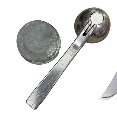 Sale Photo Thumbnail #268: Lot of Vintage Kitchenware-
Metal food mill with wooden handle, tin measuring cup , ice cream/food scoop, kitchen knife (Cooper Bros & Sons Ltd, Sheffiend England, and sharpener with cream handles, small ball jar lid