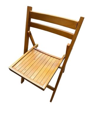 Sale Photo Thumbnail #289: 4 Vintage Folding Wooden Chairs, Mid-Century Slat Seat, Sturdy Farmhouse Seating
Slatted seat, simple ladder back design, solid wood, mid-century, brass-bronzy hardware at hinge points, folds flat for storage; very good condition