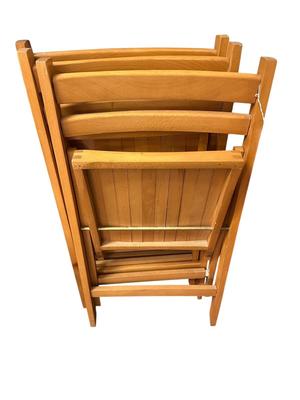 Sale Photo Thumbnail #288: 4 Vintage Folding Wooden Chairs, Mid-Century Slat Seat, Sturdy Farmhouse Seating
Slatted seat, simple ladder back design, solid wood, mid-century, brass-bronzy hardware at hinge points, folds flat for storage; very good condition