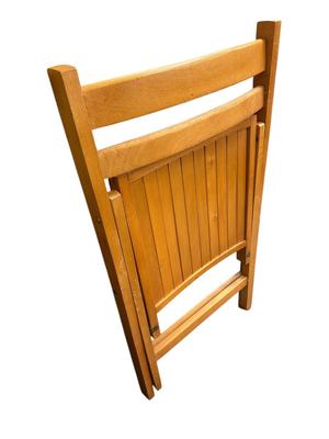 Sale Photo Thumbnail #291: 4 Vintage Folding Wooden Chairs, Mid-Century Slat Seat, Sturdy Farmhouse Seating
Slatted seat, simple ladder back design, solid wood, mid-century, brass-bronzy hardware at hinge points, folds flat for storage; very good condition