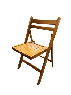 Sale Photo Thumbnail #290: 4 Vintage Folding Wooden Chairs, Mid-Century Slat Seat, Sturdy Farmhouse Seating
Slatted seat, simple ladder back design, solid wood, mid-century, brass-bronzy hardware at hinge points, folds flat for storage; very good condition
