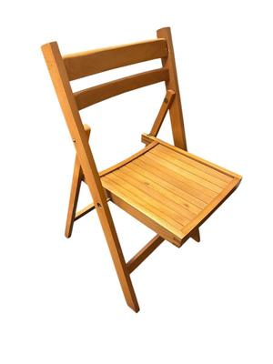 Sale Photo Thumbnail #286: 4 Vintage Folding Wooden Chairs, Mid-Century Slat Seat, Sturdy Farmhouse Seating
Slatted seat, simple ladder back design, solid wood, mid-century, brass-bronzy hardware at hinge points, folds flat for storage; very good condition
