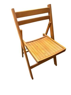 Sale Photo Thumbnail #287: 4 Vintage Folding Wooden Chairs, Mid-Century Slat Seat, Sturdy Farmhouse Seating
Slatted seat, simple ladder back design, solid wood, mid-century, brass-bronzy hardware at hinge points, folds flat for storage; very good condition