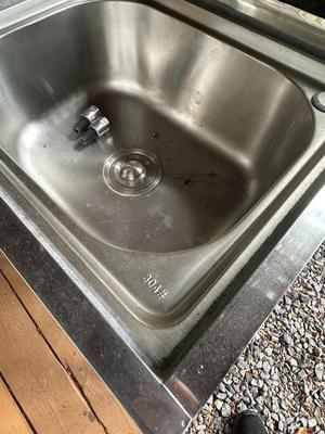 Sale Photo Thumbnail #295: Freestanding 304 Stainless Steel Utility Sink with Stand, Unused
Deep single basin; mounted on a sturdy tubular steel stand with shelf bar at the bottom. Comes with drain assembly and flixible P-trap hose. Never been installed. Great for garage, workshop,