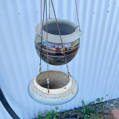 Sale Photo Thumbnail #1291: Three hanging pots, one missing string, one non hanging
Biggest pot: 8" high x 8.5" diameter
