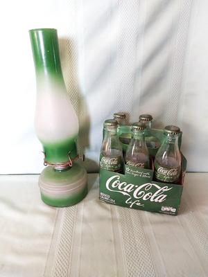 VINTAGE GREEN LABLE COKE BOTTLES AND GLASS OIL LAMP