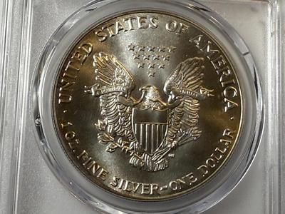 PCGS CERTIFIED 1986 MS69 TONED RIMS SILVER EAGLE DOLLAR AS PICTURED.