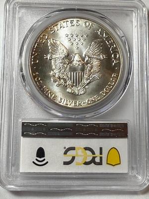 PCGS CERTIFIED 1986 MS69 TONED RIMS SILVER EAGLE DOLLAR AS PICTURED.