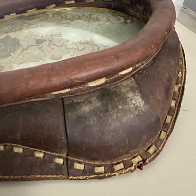 Sale Photo Thumbnail #372: Vtg Horse Collar with mirror insert and Wooden Yoke/Hames with Chains and Rings Set- fair condition; common from mid 1800's to early 20th century. Both pieces show age, wear, and patina consistent with antique farm equipment.