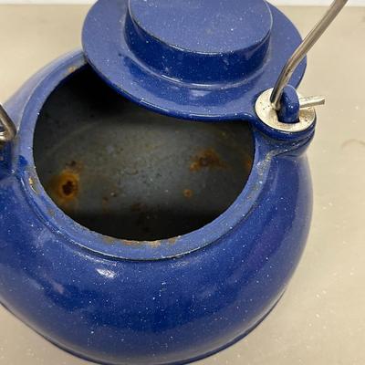 Sale Photo Thumbnail #436: Cast Iron Steamer Kettle with Blue Porcelain Enamel Finish - rust spots inside (see pic)