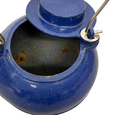 Sale Photo Thumbnail #434: Cast Iron Steamer Kettle with Blue Porcelain Enamel Finish - rust spots inside (see pic)
