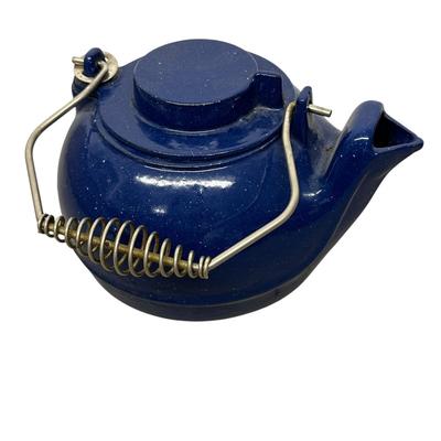 Sale Photo Thumbnail #432: Cast Iron Steamer Kettle with Blue Porcelain Enamel Finish - rust spots inside (see pic)