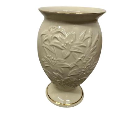 Sale Photo Thumbnail #440: 3 Decorative Vintage Items- Milk Glass Style Shallow Bowl & gold trimmed edge and embossed fruit and leaf design: Laurie Gates Footed Compote Dish, ceramic with yellow and green design, pedestal base; Lenox Floral Ivory Vase. No chips, cracks, etc. Excell