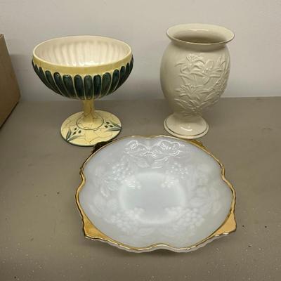 Sale Photo Thumbnail #438: 3 Decorative Vintage Items- Milk Glass Style Shallow Bowl & gold trimmed edge and embossed fruit and leaf design: Laurie Gates Footed Compote Dish, ceramic with yellow and green design, pedestal base; Lenox Floral Ivory Vase. No chips, cracks, etc. Excell
