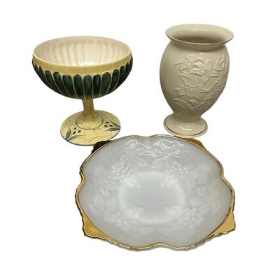 Sale Photo Thumbnail #439: 3 Decorative Vintage Items- Milk Glass Style Shallow Bowl & gold trimmed edge and embossed fruit and leaf design: Laurie Gates Footed Compote Dish, ceramic with yellow and green design, pedestal base; Lenox Floral Ivory Vase. No chips, cracks, etc. Excell