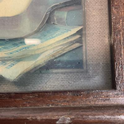 Sale Photo Thumbnail #1327: Framed behind glass, one with banjo art inside glass is more foggy
Both measure: 6.5" wide x 7.5" high
