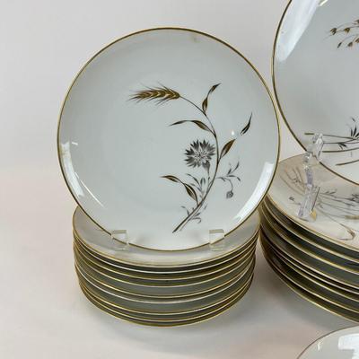 Sale Photo Thumbnail #1343: Big and small oval platter, seven dessert plates, sugar plate, nine dinner plates ten salad plates, nine saucers, two large soup bowls. One bowl is chipped