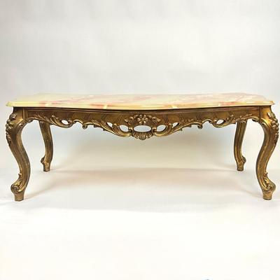Sale Photo Thumbnail #1376: marble design made from apoxy with Gold painted base 
Measures: 50" long x 23" deep x 18" high