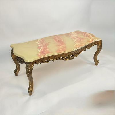 Sale Photo Thumbnail #1378: marble design made from apoxy with Gold painted base 
Measures: 50" long x 23" deep x 18" high