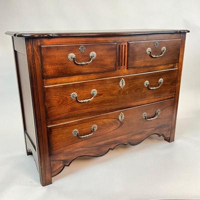 Sale Photo Thumbnail #1379: Has one small chip on front, scalloped hardware, oak wood
Measures: 48" wide x 20" deep x 36" high